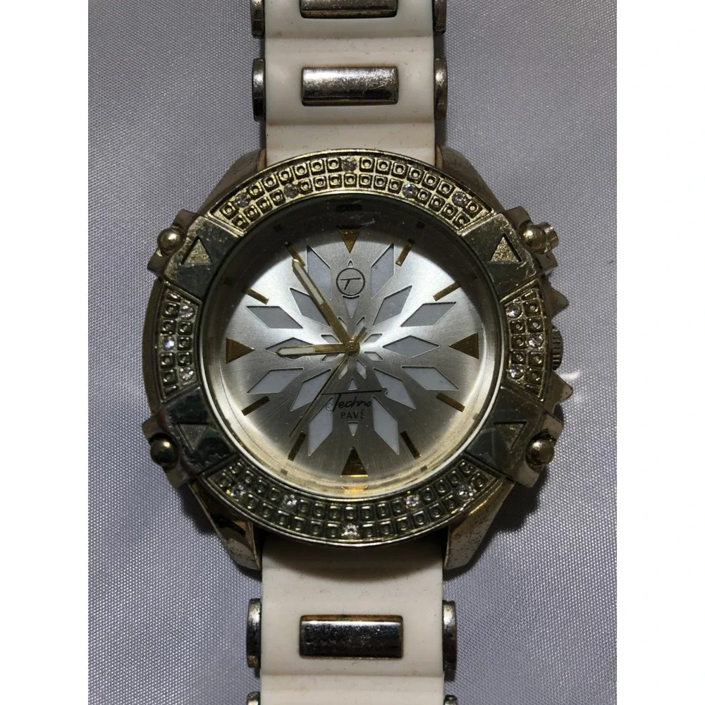Techno Pave Gold Tone Crystal Bezel White Silicone Strap Watch 8128-7L